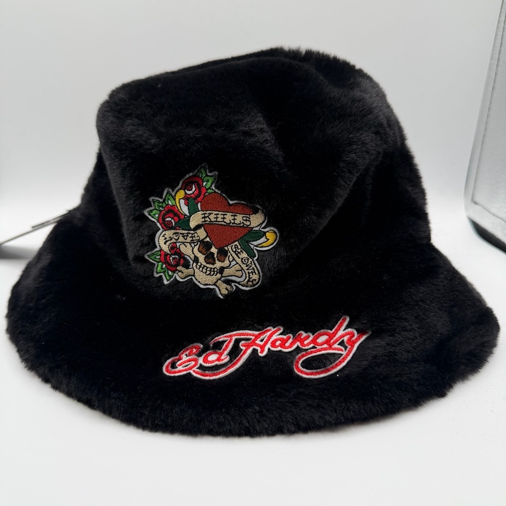 Ed Hardy Love Kills Slowly Faux Fur Bucket Hat Black OS NWT Y2K Skull